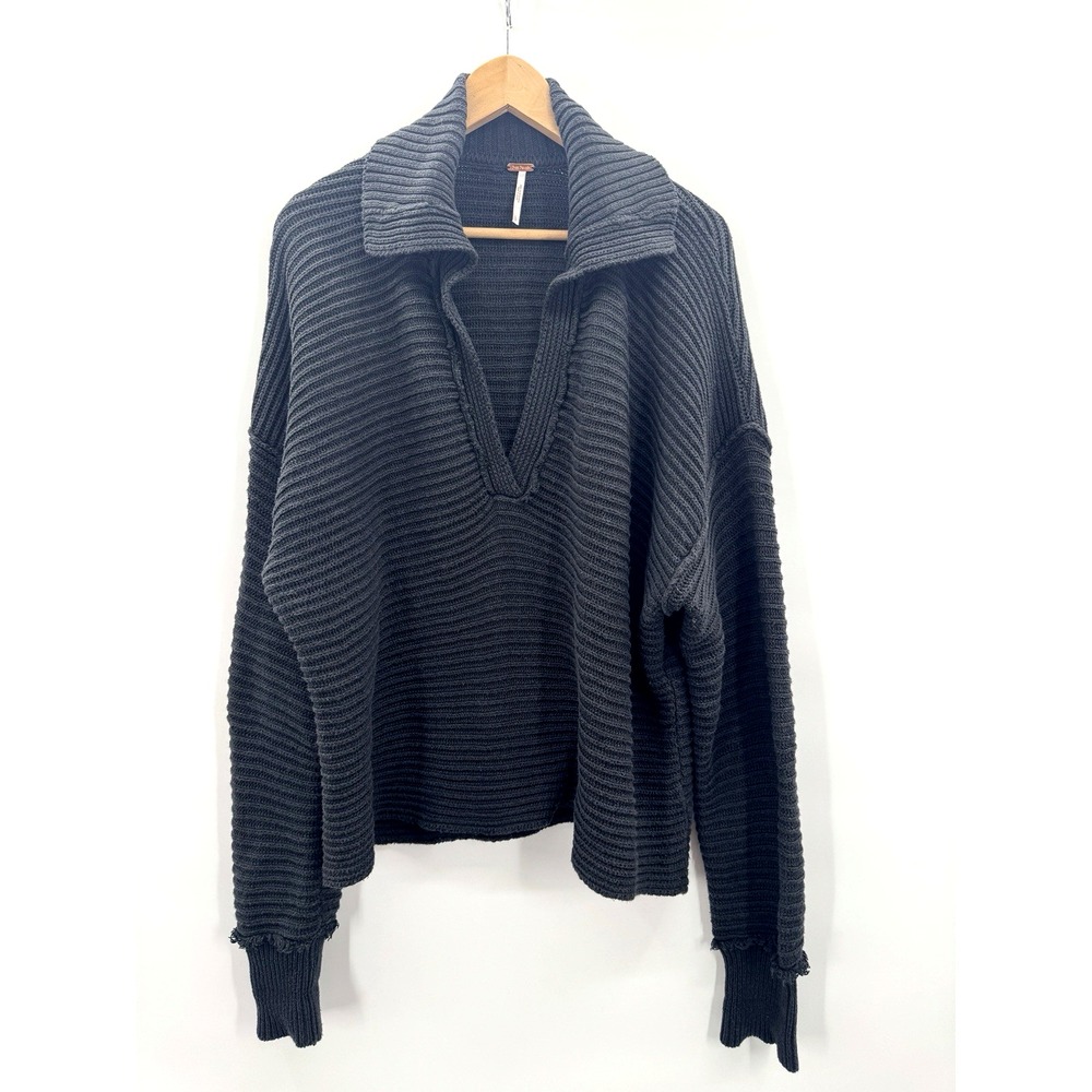 Free People Marlie Deep V Chunky Ribbed Knit Sweater Large Slouchy Boxy Grunge